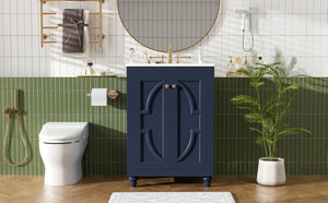 English Elm 24 Inch French Country Bathroom Vanity with Carved Legs Ceramic Sink and Soft Close Door Blue N710P448316C