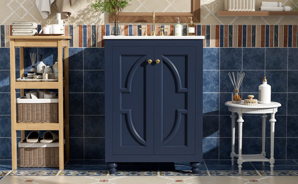 English Elm 24 Inch French Country Bathroom Vanity with Carved Legs Ceramic Sink and Soft Close Door Blue N710P448316C