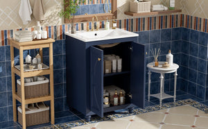 English Elm 24 Inch French Country Bathroom Vanity with Carved Legs Ceramic Sink and Soft Close Door Blue N710P448316C