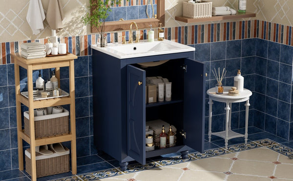 English Elm 24 Inch French Country Bathroom Vanity with Carved Legs Ceramic Sink and Soft Close Door Blue N710P448316C