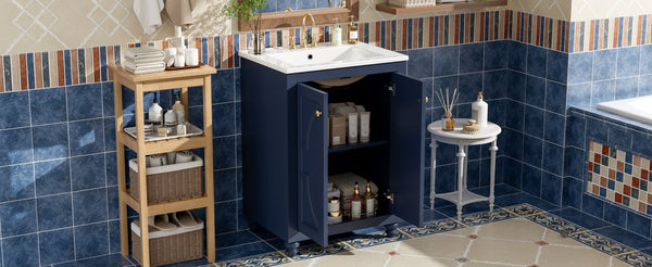 English Elm 24 Inch French Country Bathroom Vanity with Carved Legs Ceramic Sink and Soft Close Door Blue N710P448316C