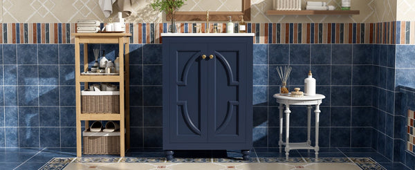 English Elm 24 Inch French Country Bathroom Vanity with Carved Legs Ceramic Sink and Soft Close Door Blue N710P448316C