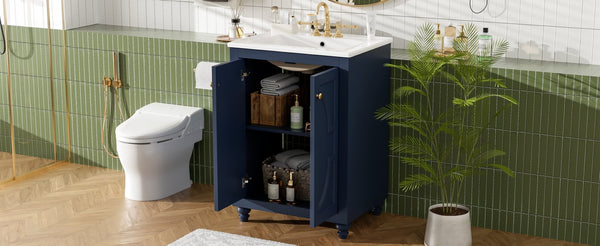 English Elm 24 Inch French Country Bathroom Vanity with Carved Legs Ceramic Sink and Soft Close Door Blue N710P448316C
