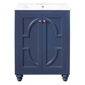 English Elm 24 Inch French Country Bathroom Vanity with Carved Legs Ceramic Sink and Soft Close Door Blue N710P448316C
