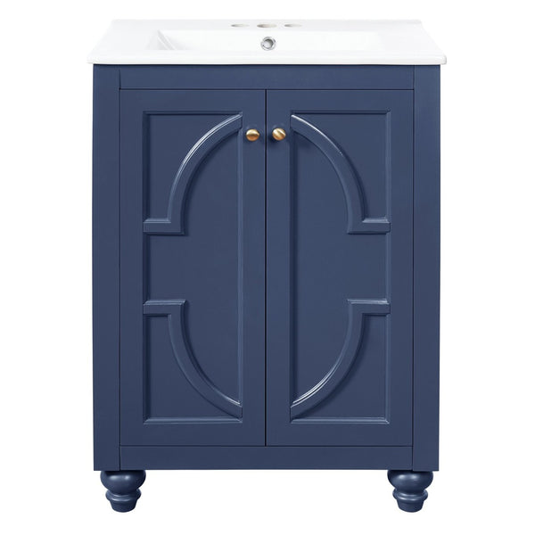 English Elm 24 Inch French Country Bathroom Vanity with Carved Legs Ceramic Sink and Soft Close Door Blue N710P448316C