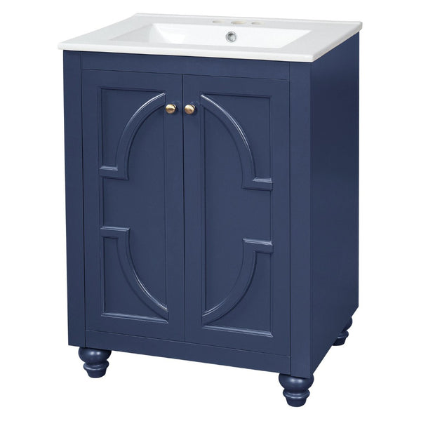 English Elm 24 Inch French Country Bathroom Vanity with Carved Legs Ceramic Sink and Soft Close Door Blue N710P448316C