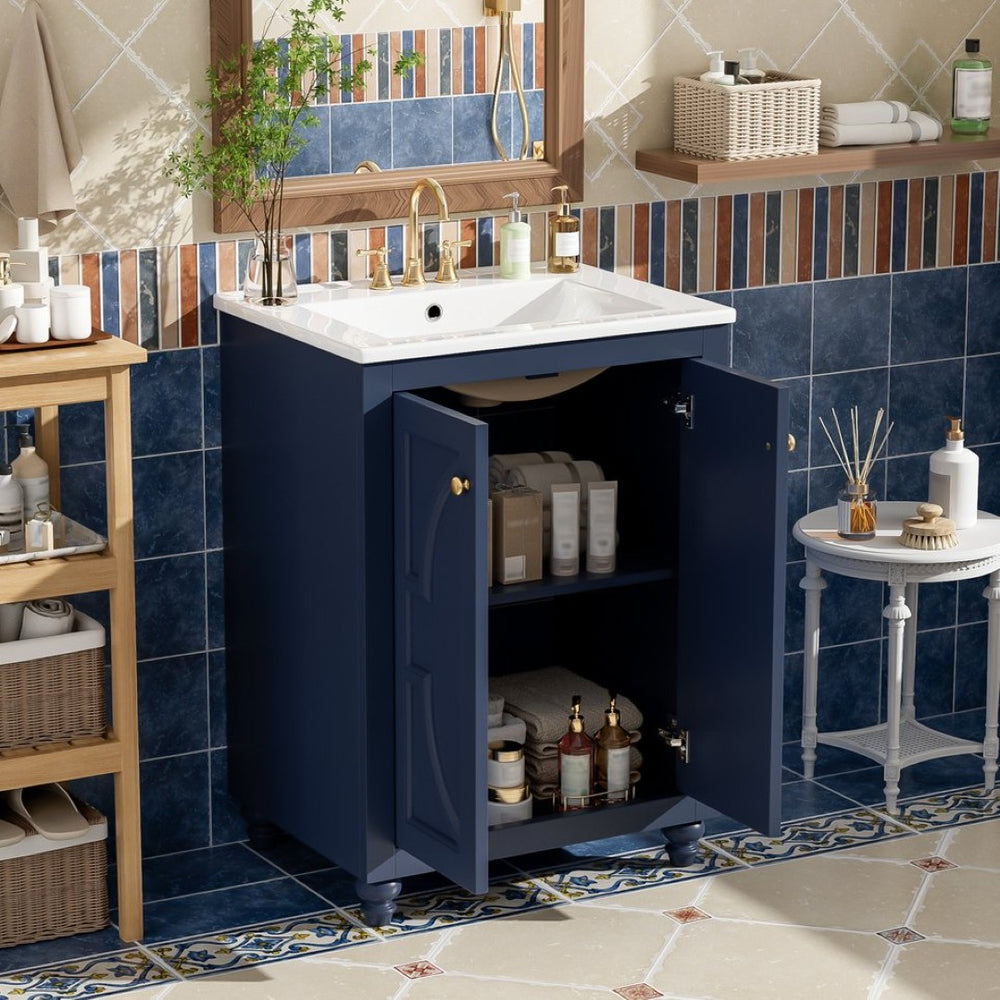 English Elm 24 Inch French Country Bathroom Vanity with Carved Legs Ceramic Sink and Soft Close Door Blue N710P448316C