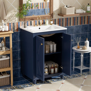 English Elm 24 Inch French Country Bathroom Vanity with Carved Legs Ceramic Sink and Soft Close Door Blue N710P448316C