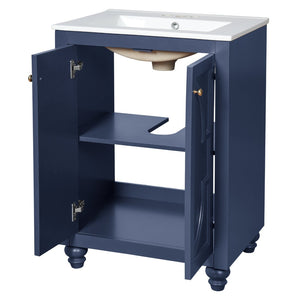 English Elm 24 Inch French Country Bathroom Vanity with Carved Legs Ceramic Sink and Soft Close Door Blue N710P448316C