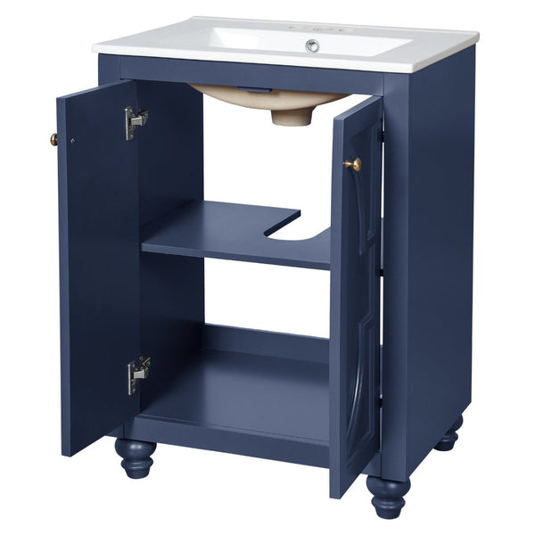 English Elm 24 Inch French Country Bathroom Vanity with Carved Legs Ceramic Sink and Soft Close Door Blue N710P448316C