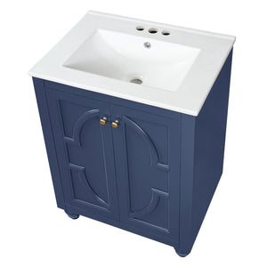 English Elm 24 Inch French Country Bathroom Vanity with Carved Legs Ceramic Sink and Soft Close Door Blue N710P448316C
