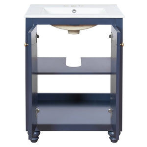 English Elm 24 Inch French Country Bathroom Vanity with Carved Legs Ceramic Sink and Soft Close Door Blue N710P448316C