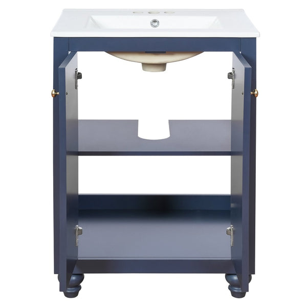 English Elm 24 Inch French Country Bathroom Vanity with Carved Legs Ceramic Sink and Soft Close Door Blue N710P448316C