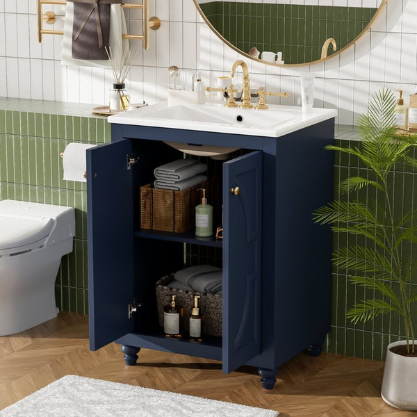 English Elm 24 Inch French Country Bathroom Vanity with Carved Legs Ceramic Sink and Soft Close Door Blue N710P448316C