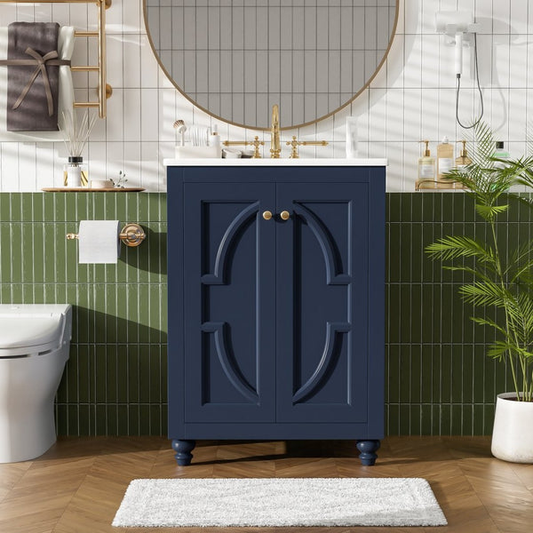 English Elm 24 Inch French Country Bathroom Vanity with Carved Legs Ceramic Sink and Soft Close Door Blue N710P448316C
