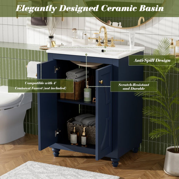 English Elm 24 Inch French Country Bathroom Vanity with Carved Legs Ceramic Sink and Soft Close Door Blue N710P448316C
