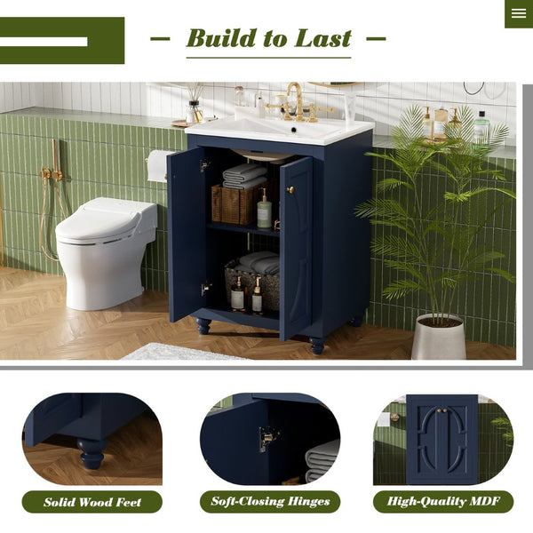 English Elm 24 Inch French Country Bathroom Vanity with Carved Legs Ceramic Sink and Soft Close Door Blue N710P448316C