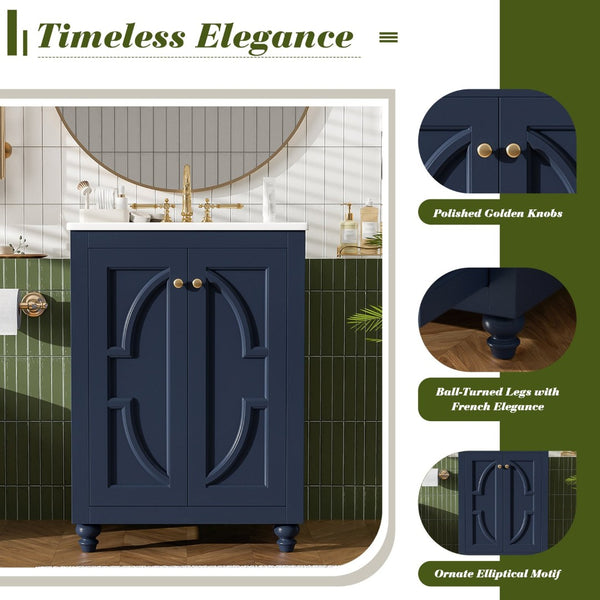 English Elm 24 Inch French Country Bathroom Vanity with Carved Legs Ceramic Sink and Soft Close Door Blue N710P448316C