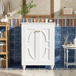 English Elm 24 Inch French Country Bathroom Vanity with Carved Legs Ceramic Sink and Soft Close Door White N710P448316K