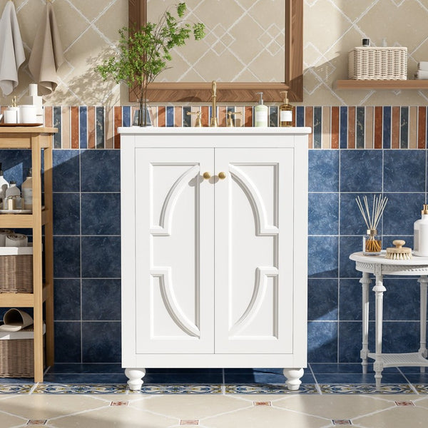 English Elm 24 Inch French Country Bathroom Vanity with Carved Legs Ceramic Sink and Soft Close Door White N710P448316K