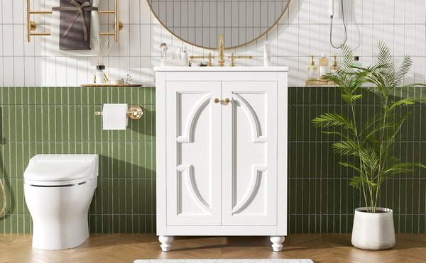 English Elm 24 Inch French Country Bathroom Vanity with Carved Legs Ceramic Sink and Soft Close Door White N710P448316K