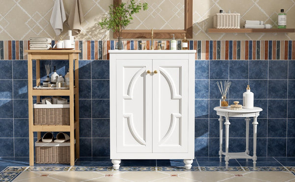 English Elm 24 Inch French Country Bathroom Vanity with Carved Legs Ceramic Sink and Soft Close Door White N710P448316K