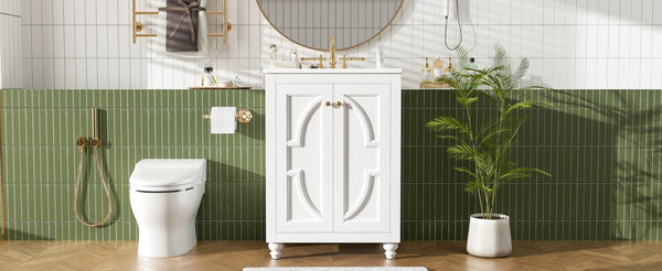 English Elm 24 Inch French Country Bathroom Vanity with Carved Legs Ceramic Sink and Soft Close Door White N710P448316K