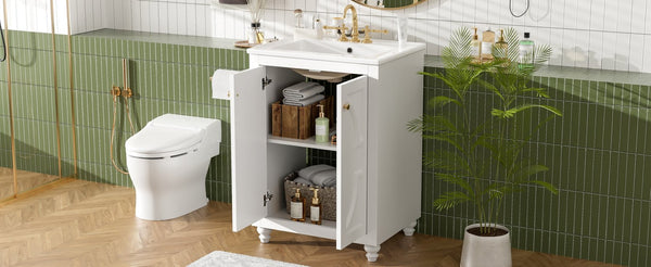 English Elm 24 Inch French Country Bathroom Vanity with Carved Legs Ceramic Sink and Soft Close Door White N710P448316K