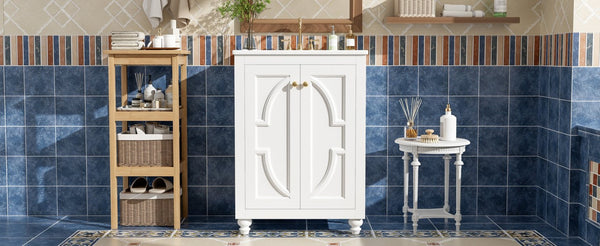 English Elm 24 Inch French Country Bathroom Vanity with Carved Legs Ceramic Sink and Soft Close Door White N710P448316K