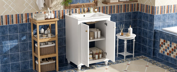 English Elm 24 Inch French Country Bathroom Vanity with Carved Legs Ceramic Sink and Soft Close Door White N710P448316K