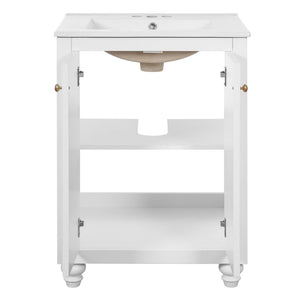English Elm 24 Inch French Country Bathroom Vanity with Carved Legs Ceramic Sink and Soft Close Door White N710P448316K