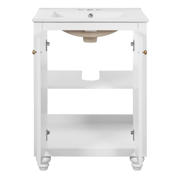 English Elm 24 Inch French Country Bathroom Vanity with Carved Legs Ceramic Sink and Soft Close Door White N710P448316K