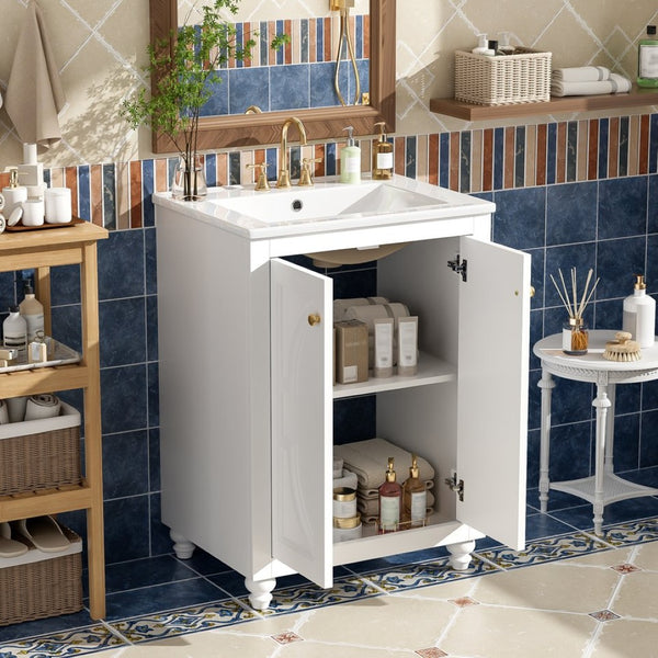 English Elm 24 Inch French Country Bathroom Vanity with Carved Legs Ceramic Sink and Soft Close Door White N710P448316K