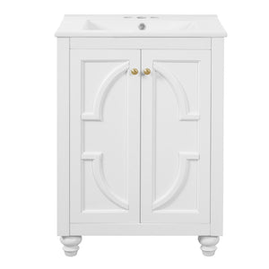 English Elm 24 Inch French Country Bathroom Vanity with Carved Legs Ceramic Sink and Soft Close Door White N710P448316K