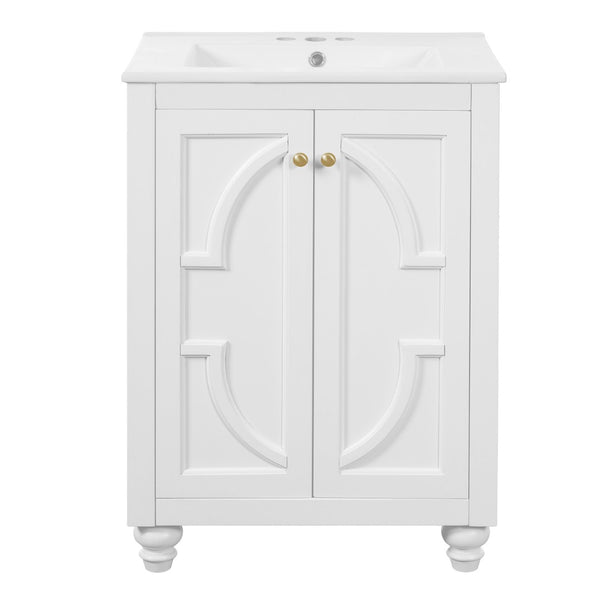 English Elm 24 Inch French Country Bathroom Vanity with Carved Legs Ceramic Sink and Soft Close Door White N710P448316K