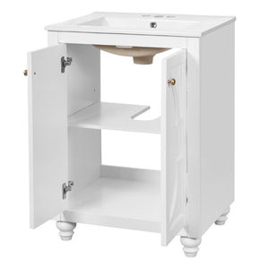 English Elm 24 Inch French Country Bathroom Vanity with Carved Legs Ceramic Sink and Soft Close Door White N710P448316K