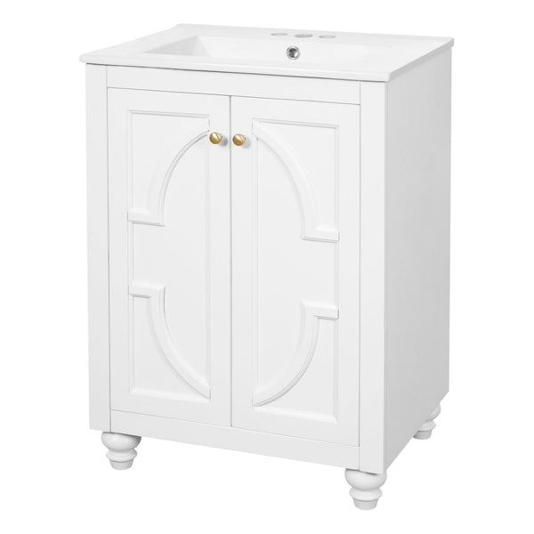 English Elm 24 Inch French Country Bathroom Vanity with Carved Legs Ceramic Sink and Soft Close Door White N710P448316K
