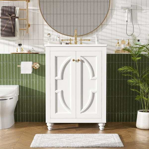 English Elm 24 Inch French Country Bathroom Vanity with Carved Legs Ceramic Sink and Soft Close Door White N710P448316K
