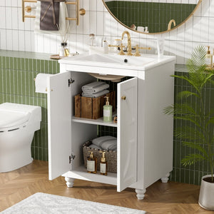 English Elm 24 Inch French Country Bathroom Vanity with Carved Legs Ceramic Sink and Soft Close Door White N710P448316K