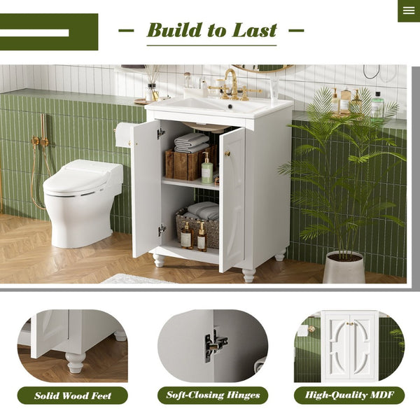 English Elm 24 Inch French Country Bathroom Vanity with Carved Legs Ceramic Sink and Soft Close Door White N710P448316K