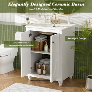 English Elm 24 Inch French Country Bathroom Vanity with Carved Legs Ceramic Sink and Soft Close Door White N710P448316K