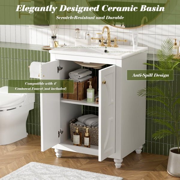 English Elm 24 Inch French Country Bathroom Vanity with Carved Legs Ceramic Sink and Soft Close Door White N710P448316K