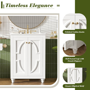 English Elm 24 Inch French Country Bathroom Vanity with Carved Legs Ceramic Sink and Soft Close Door White N710P448316K