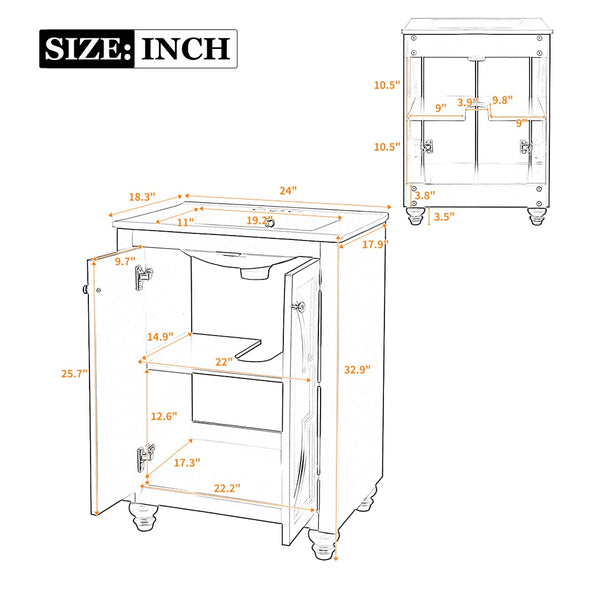 English Elm 24 Inch French Country Bathroom Vanity with Carved Legs Ceramic Sink and Soft Close Door White N710P448316K