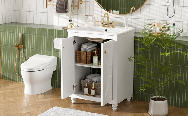 English Elm 24 Inch French Country Bathroom Vanity with Carved Legs Ceramic Sink and Soft Close Door White N710P448316K