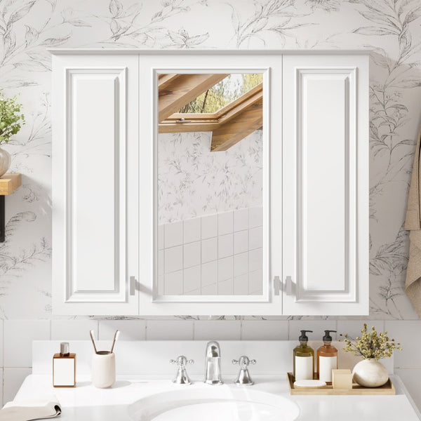 English Elm 35 Inch Wall Mounted Medicine Cabinet with Mirror Door and Five Adjustable Shelves N710P448319K