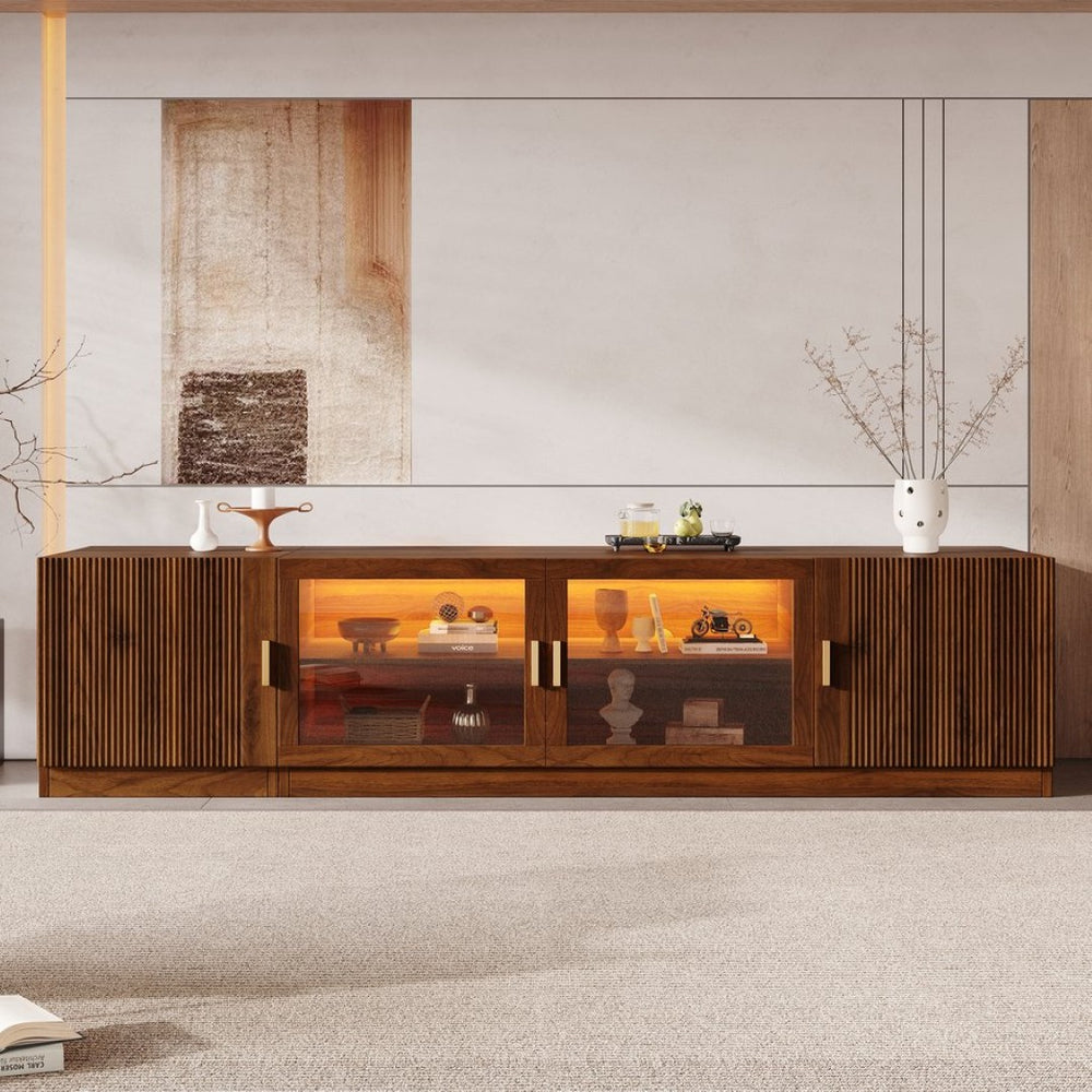 English Elm 74" Walnut Media Console with Fluted Glass Doors Led Lighting for Tvs up to 85 Inches N710P454863P