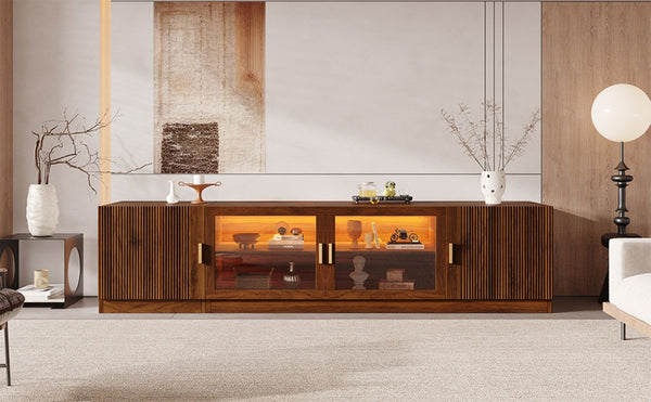 English Elm 74" Walnut Media Console with Fluted Glass Doors Led Lighting for Tvs up to 85 Inches N710P454863P
