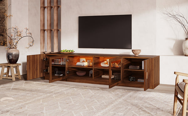 English Elm 74" Walnut Media Console with Fluted Glass Doors Led Lighting for Tvs up to 85 Inches N710P454863P