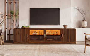 English Elm 74" Walnut Media Console with Fluted Glass Doors Led Lighting for Tvs up to 85 Inches N710P454863P